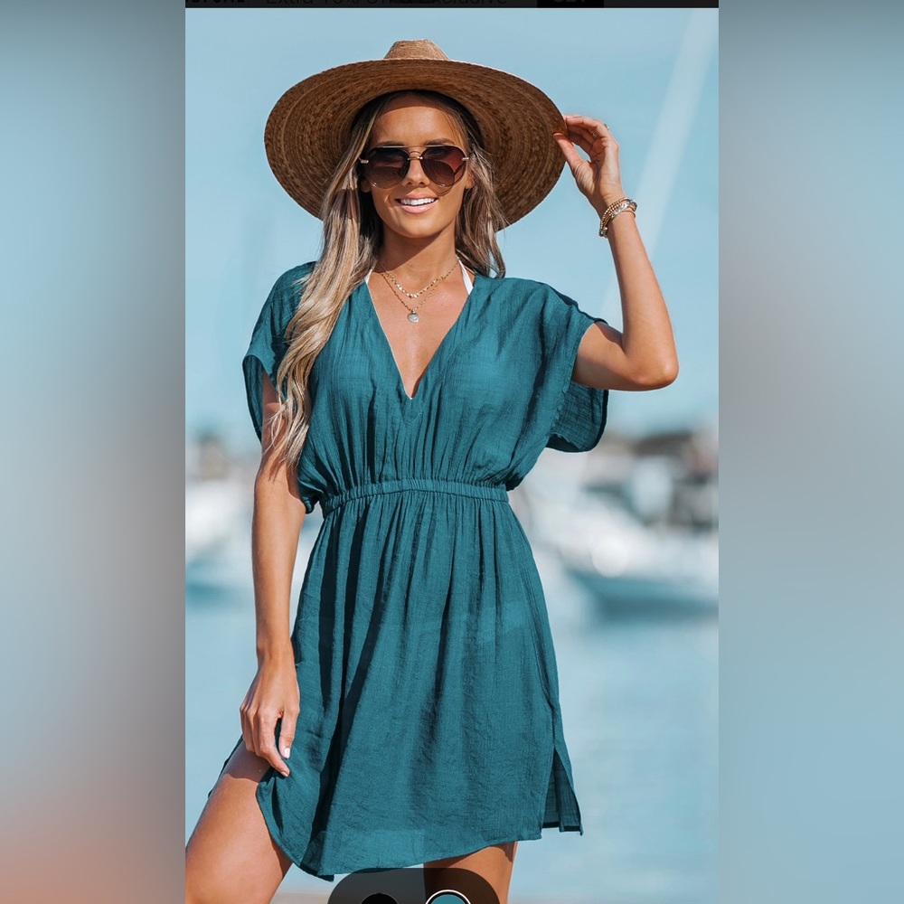 Cupshe V-Neck Cover-Up Dress in Turqoise, size M
